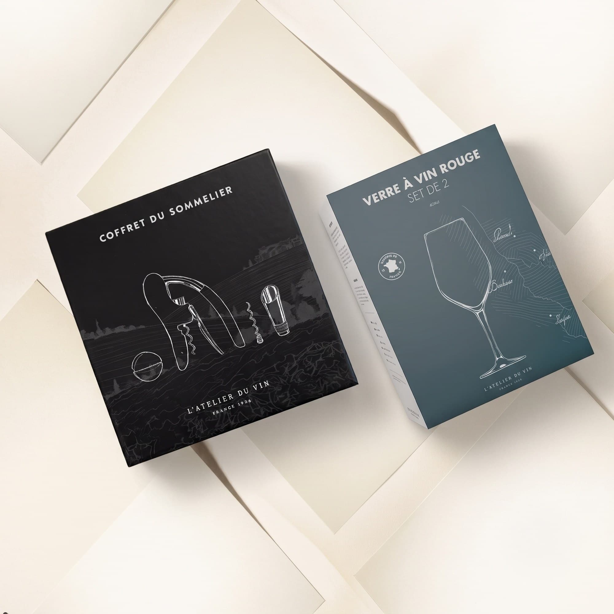 Coffret du sommelier et verre à vin rouge — packagings à plat