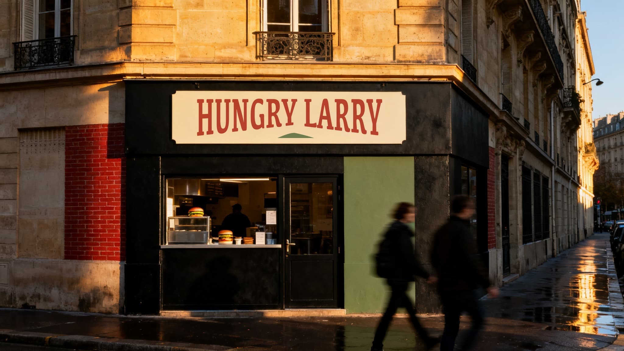 Devanture d'angle à Paris 11e, enseigne émaillée Hungry Larry dans la lumière du soir
