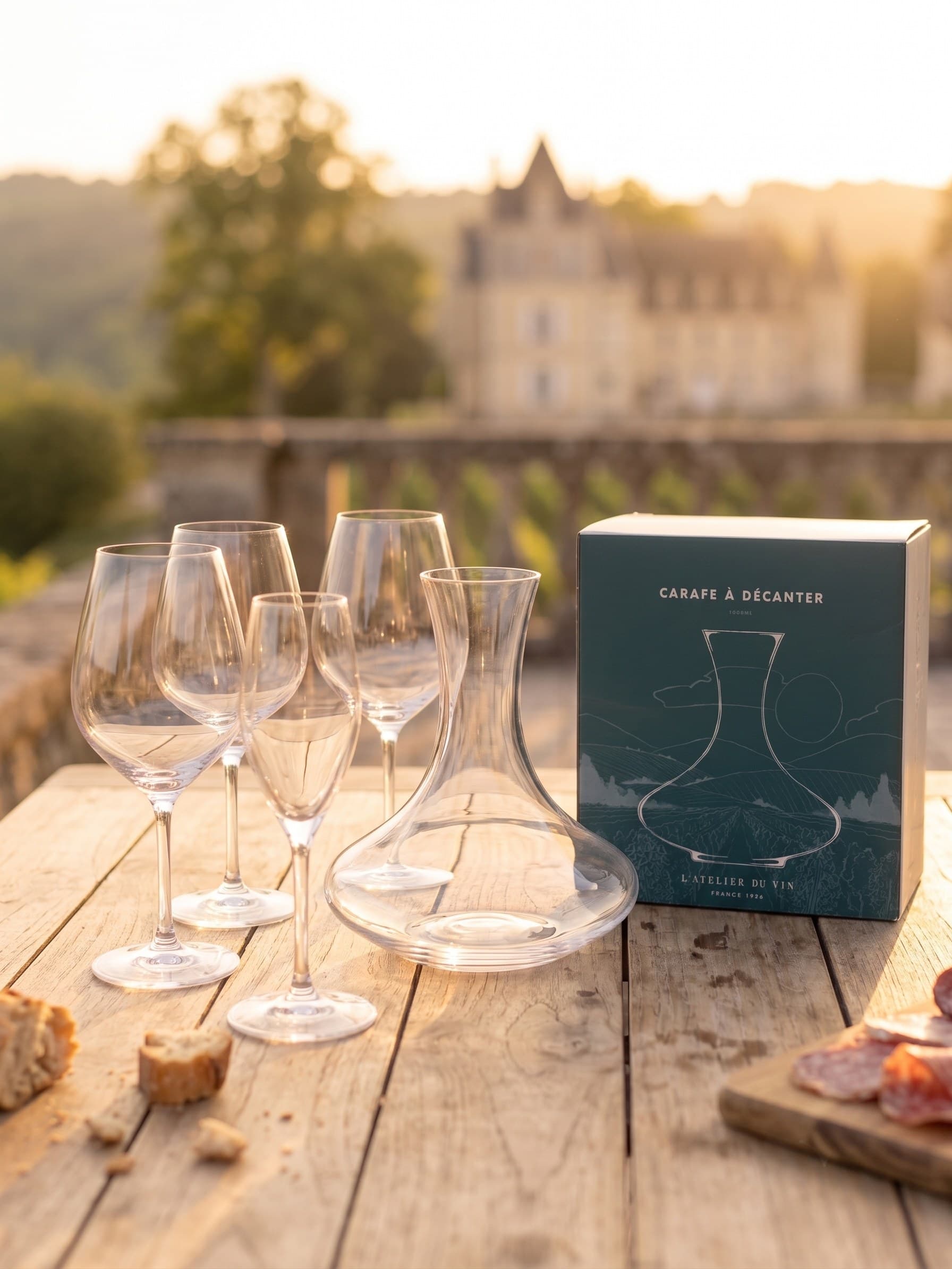 Carafe et verres devant un château du vignoble