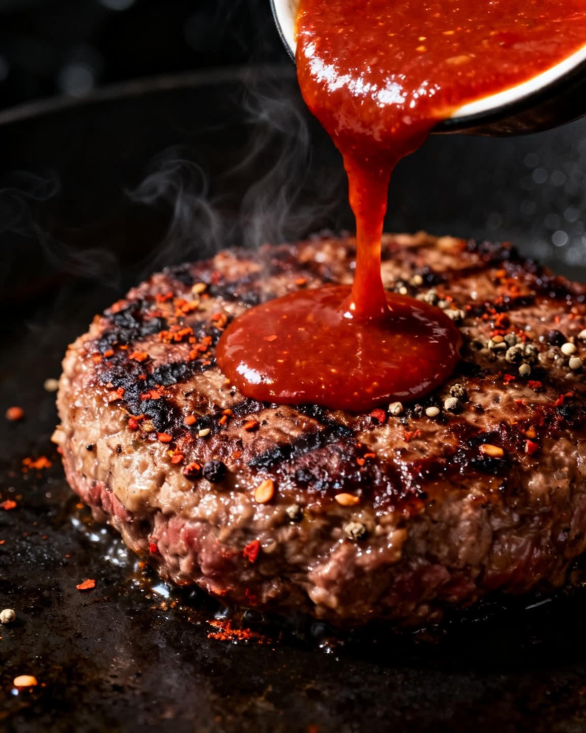 Macro: sauce maison versée sur un steak saisi, grains de poivre et paprika