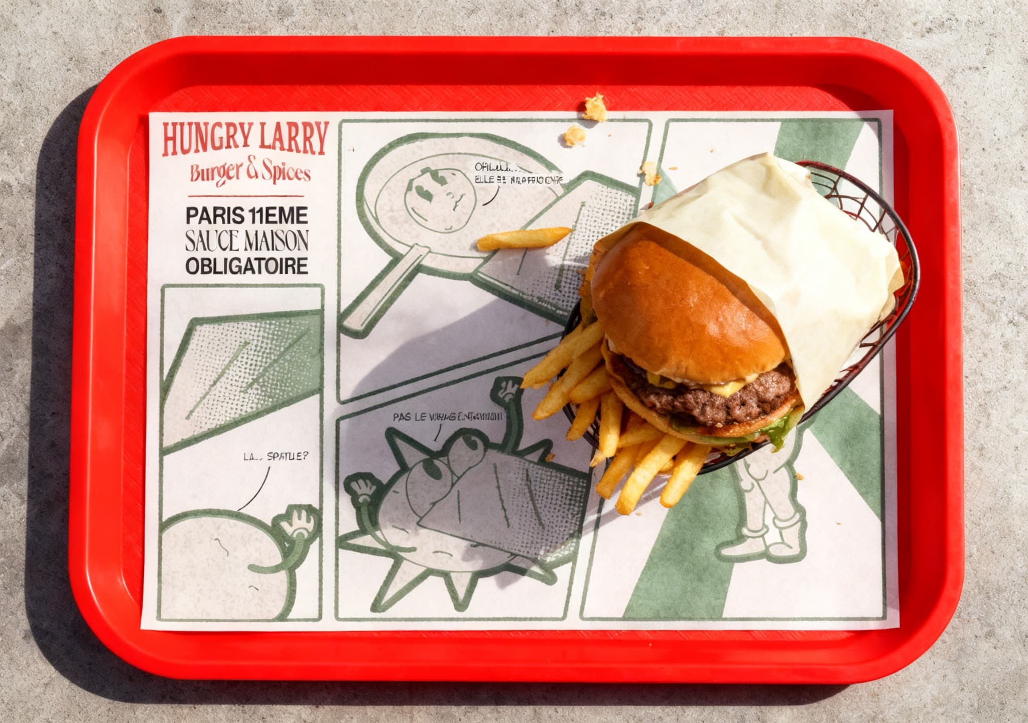 Plateau rouge vu de dessus, papier plateau BD sous burger et frites