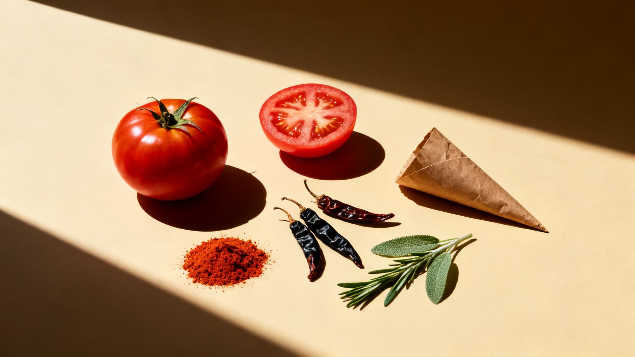 Nature morte palette: tomate, paprika, piments, sauge et cornet kraft sur fond crème