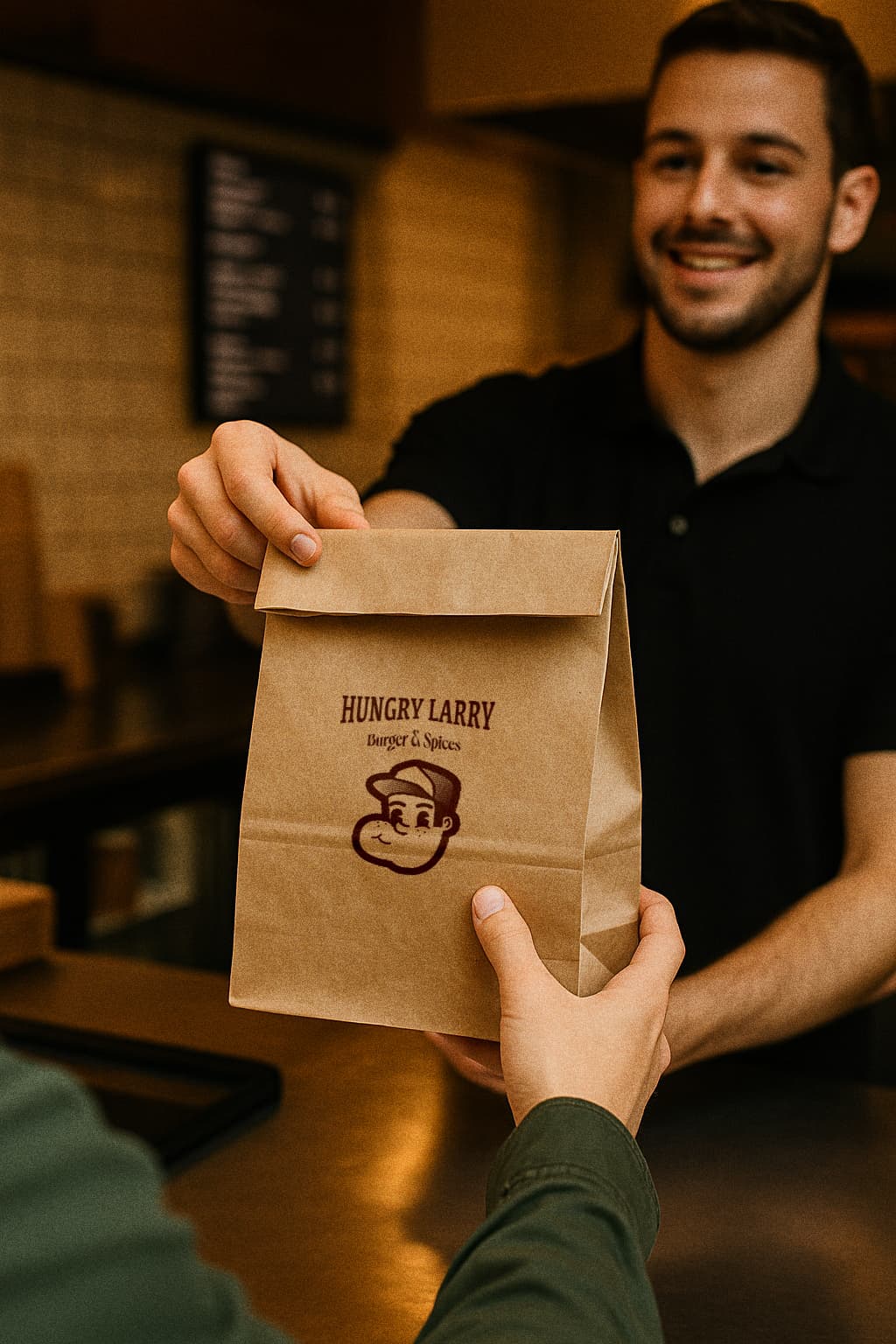 Salle du restaurant: carrelage crème, soubassement sauge, cuisine ouverte